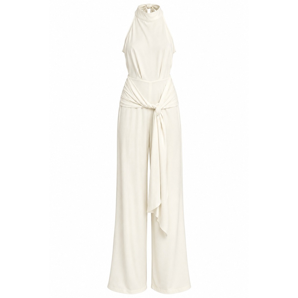 PrettyLittleThing Cream Textured Tie Front High Neck Wide Leg Jumpsuit US 10